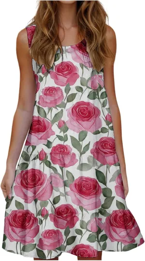Sleeveless Beach Dresses for Women Loose Swimsuit Cover Ups Vacation Dresses Floral Swing Mini Dress Casual Dresses
