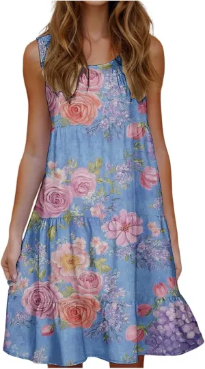 Sleeveless Beach Dresses for Women Loose Swimsuit Cover Ups Vacation Dresses Floral Swing Mini Dress Casual Dresses
