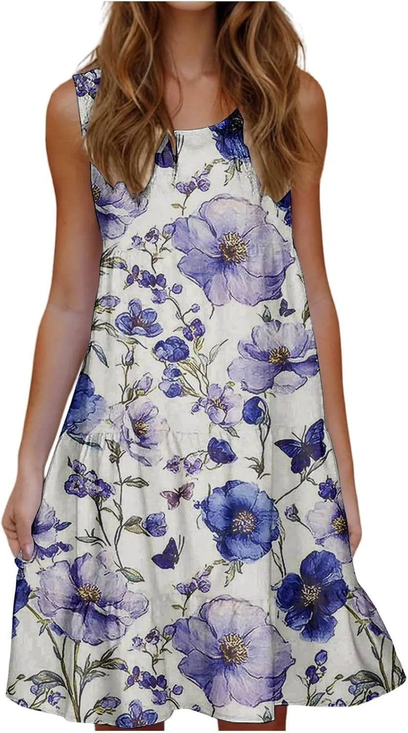 Sleeveless Beach Dresses for Women Loose Swimsuit Cover Ups Vacation Dresses Floral Swing Mini Dress Casual Dresses