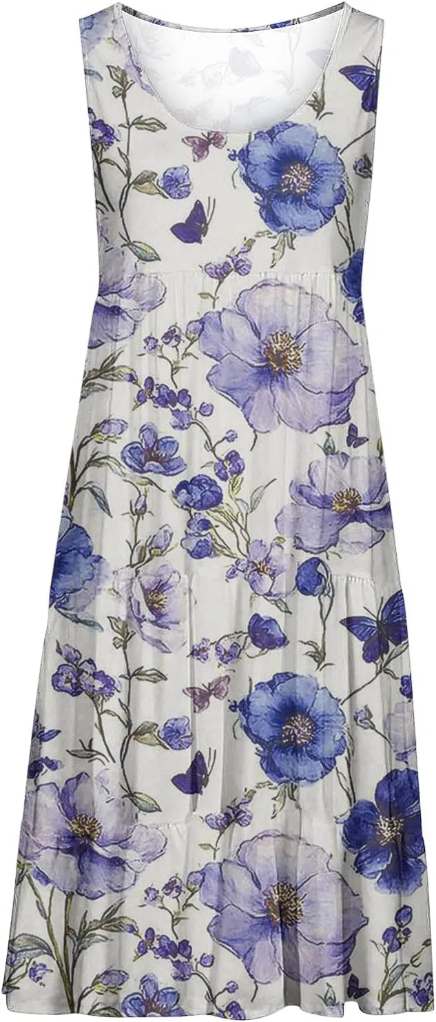 Sleeveless Beach Dresses for Women Loose Swimsuit Cover Ups Vacation Dresses Floral Swing Mini Dress Casual Dresses