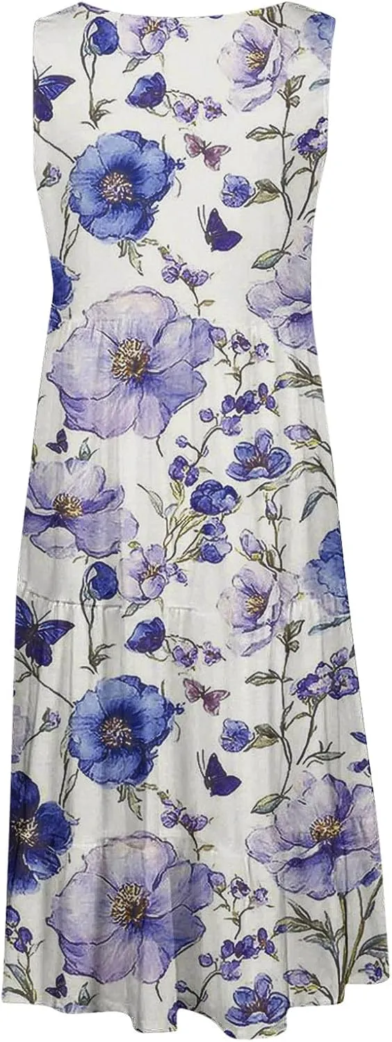 Sleeveless Beach Dresses for Women Loose Swimsuit Cover Ups Vacation Dresses Floral Swing Mini Dress Casual Dresses