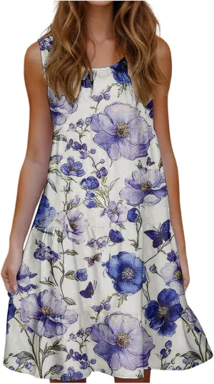Sleeveless Beach Dresses for Women Loose Swimsuit Cover Ups Vacation Dresses Floral Swing Mini Dress Casual Dresses