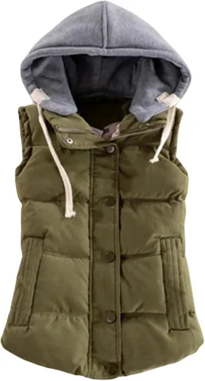 Smoneyful Puffer Vest Women with Hood Sleeveless Quilted Removable Hooded Winter Puffer Vest Thicked Warm Coats Down Jackets