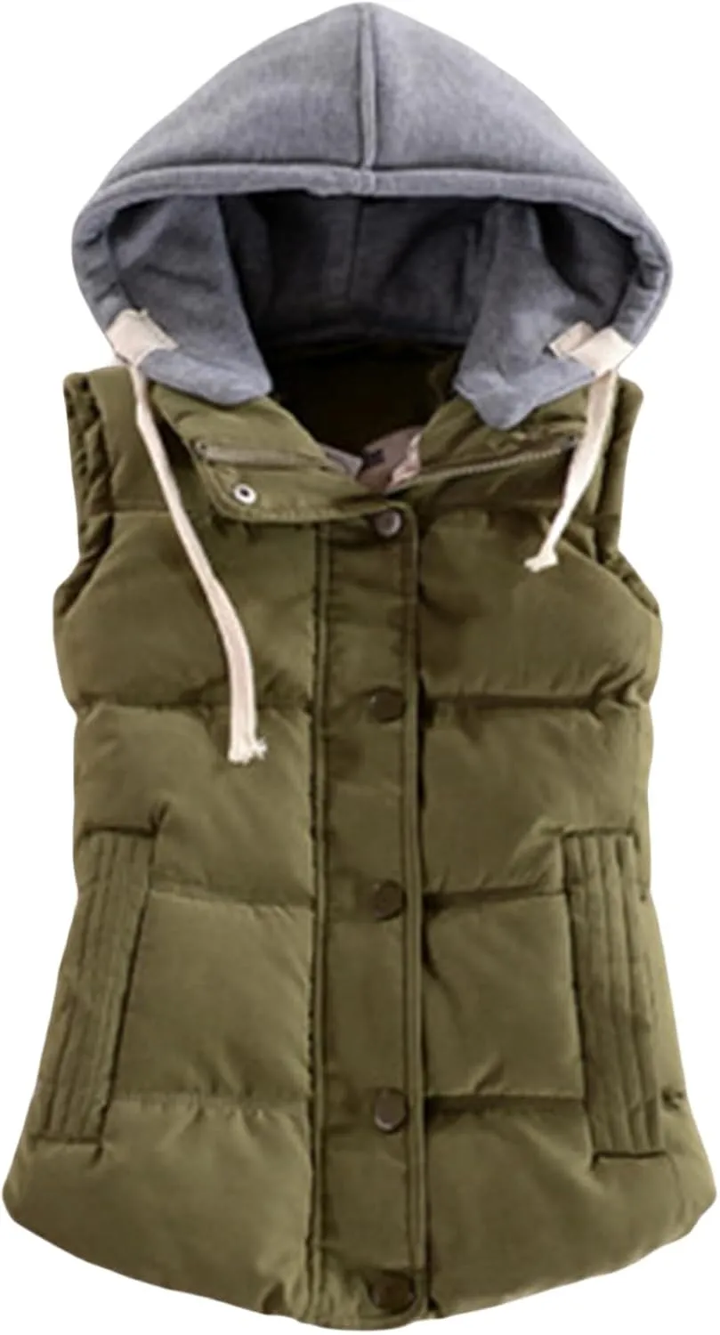 Smoneyful Puffer Vest Women with Hood Sleeveless Quilted Removable Hooded Winter Puffer Vest Thicked Warm Coats Down Jackets