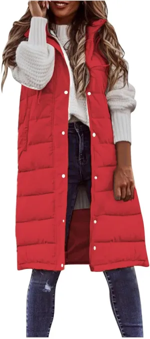 Smoneyful Women's Long Vest Sleeveless Lightweight Puffer Jacket Packable Hooded Down Coat Quilted Vest with Hood Winter