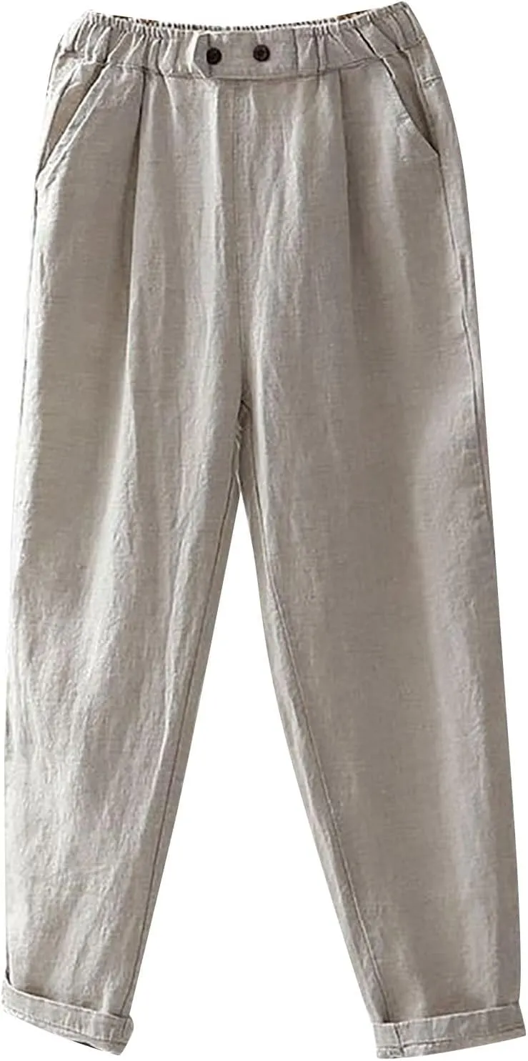Solid Color Linen Pants Woman Casual Loung Pants Summer Loose Fitting Pants High Waisted Wide Leg Pants Sweatpants