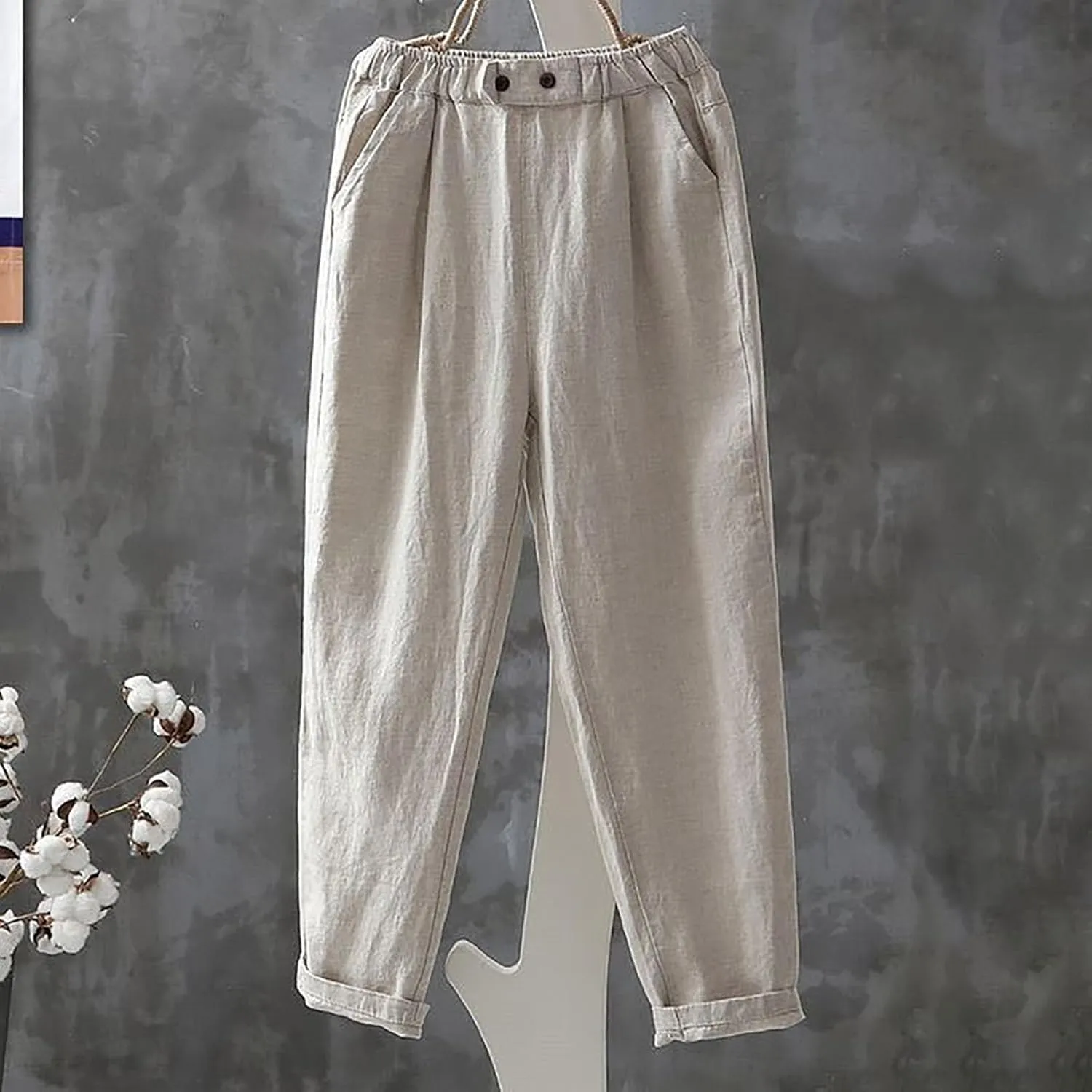 Solid Color Linen Pants Woman Casual Loung Pants Summer Loose Fitting Pants High Waisted Wide Leg Pants Sweatpants