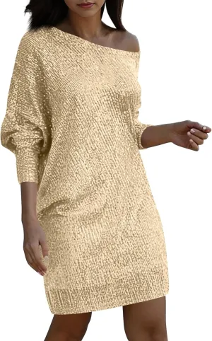 Sparkly Dresses for Women Women's Fashion Dresses Slant Shoulder Long Sleeve Dresses Solid Color Sexy Dresses