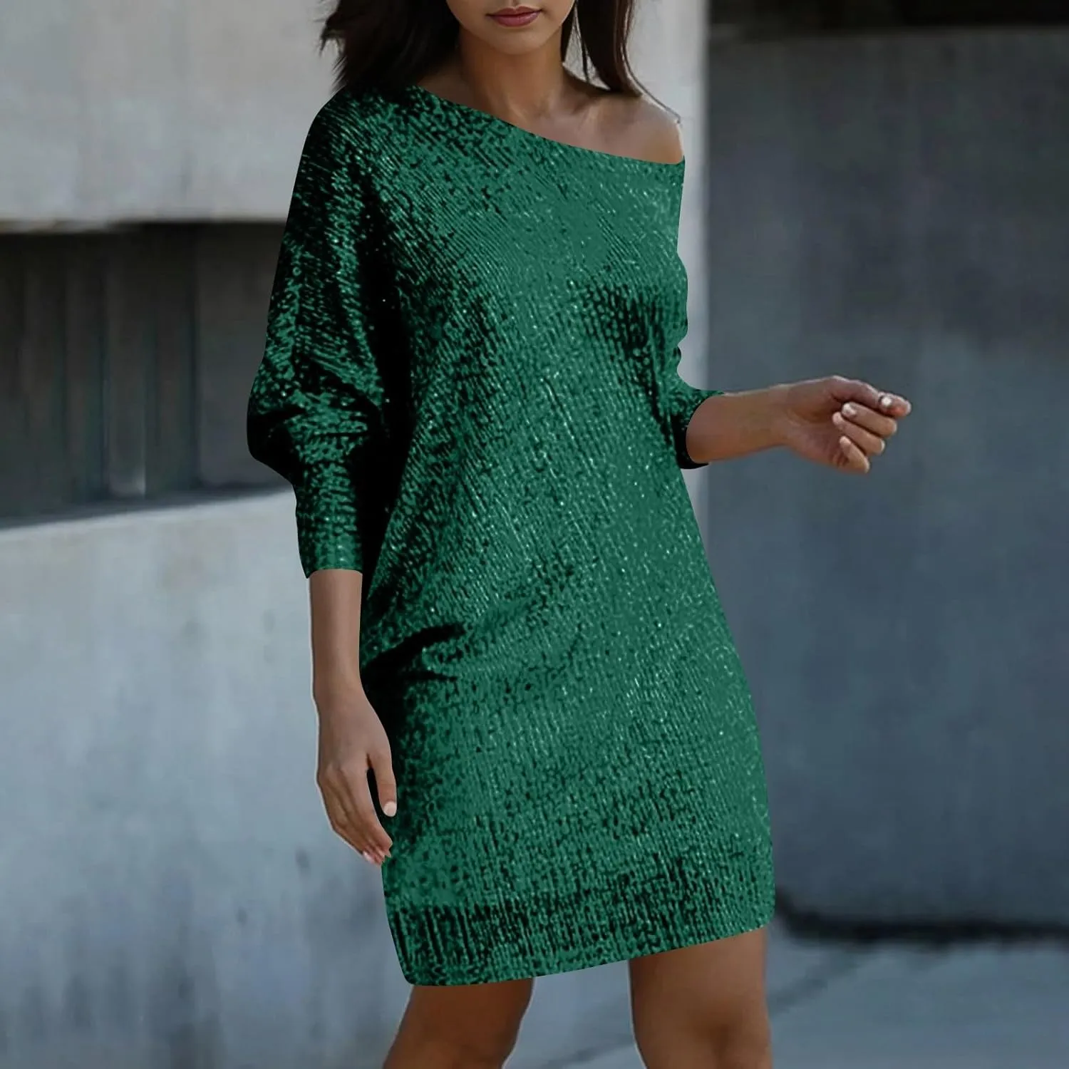 Sparkly Dresses for Women Women's Fashion Dresses Slant Shoulder Long Sleeve Dresses Solid Color Sexy Dresses