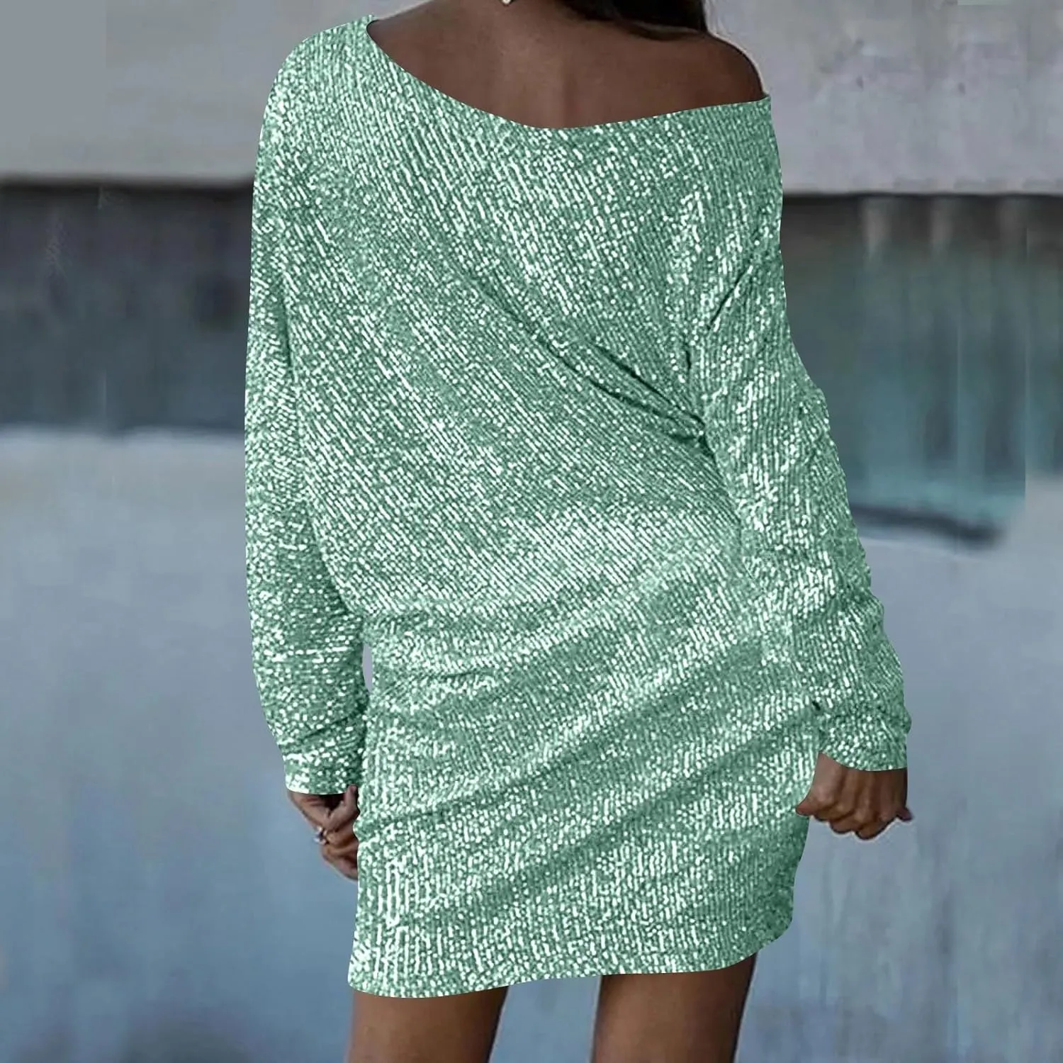 Sparkly Dresses for Women Women's Fashion Dresses Slant Shoulder Long Sleeve Dresses Solid Color Sexy Dresses