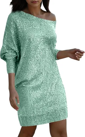 Sparkly Dresses for Women Women's Fashion Dresses Slant Shoulder Long Sleeve Dresses Solid Color Sexy Dresses