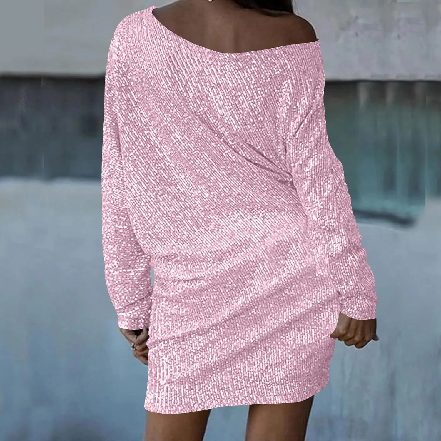 Sparkly Dresses for Women Women's Fashion Dresses Slant Shoulder Long Sleeve Dresses Solid Color Sexy Dresses