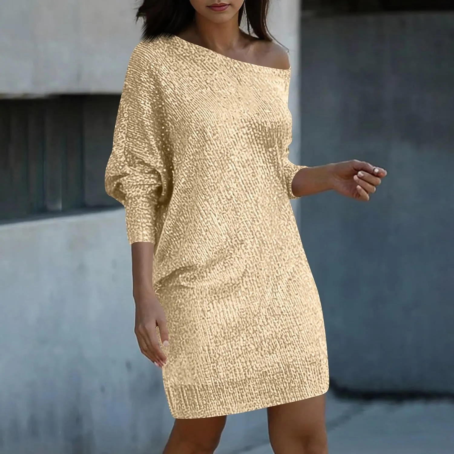 Sparkly Dresses for Women Women's Fashion Dresses Slant Shoulder Long Sleeve Dresses Solid Color Sexy Dresses