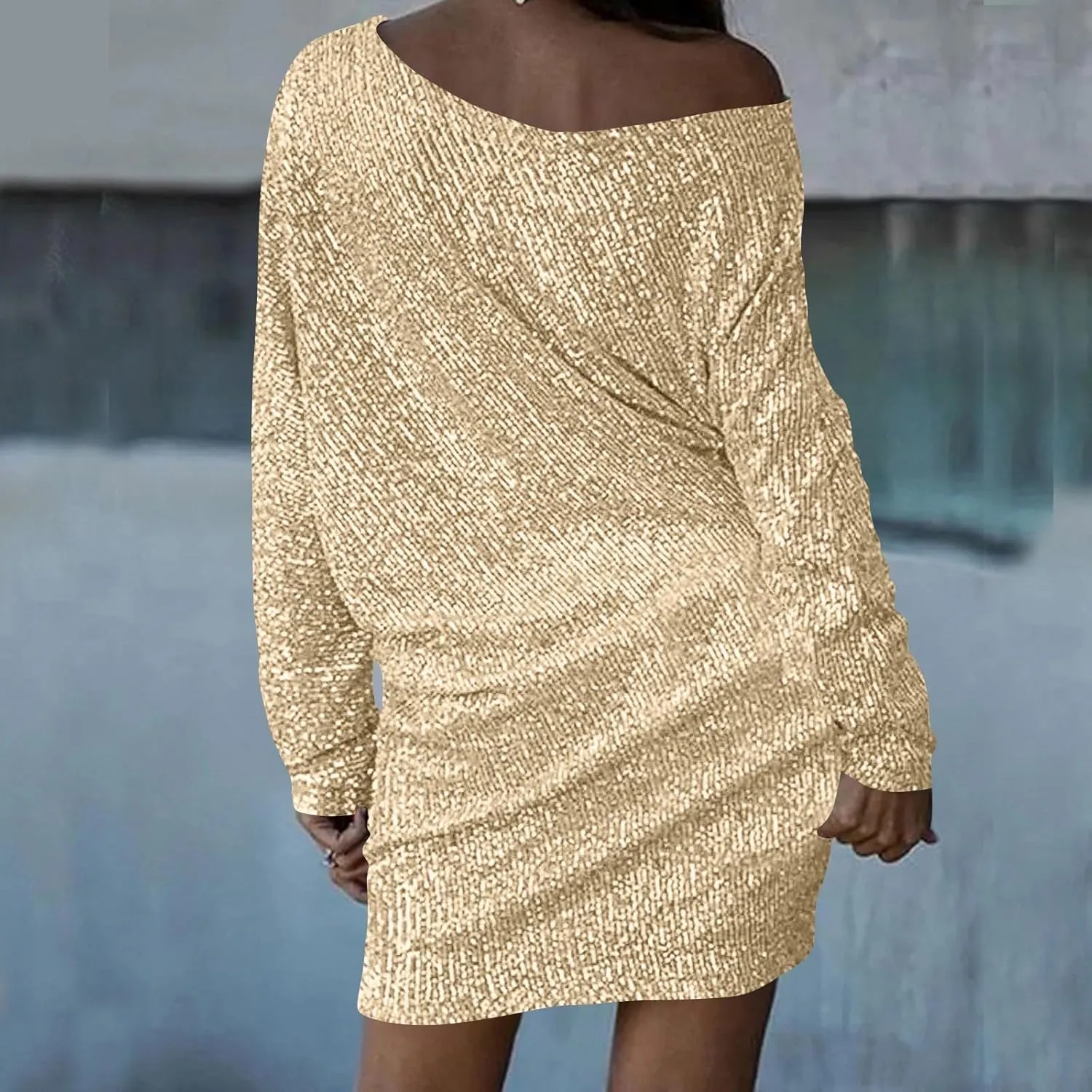 Sparkly Dresses for Women Women's Fashion Dresses Slant Shoulder Long Sleeve Dresses Solid Color Sexy Dresses