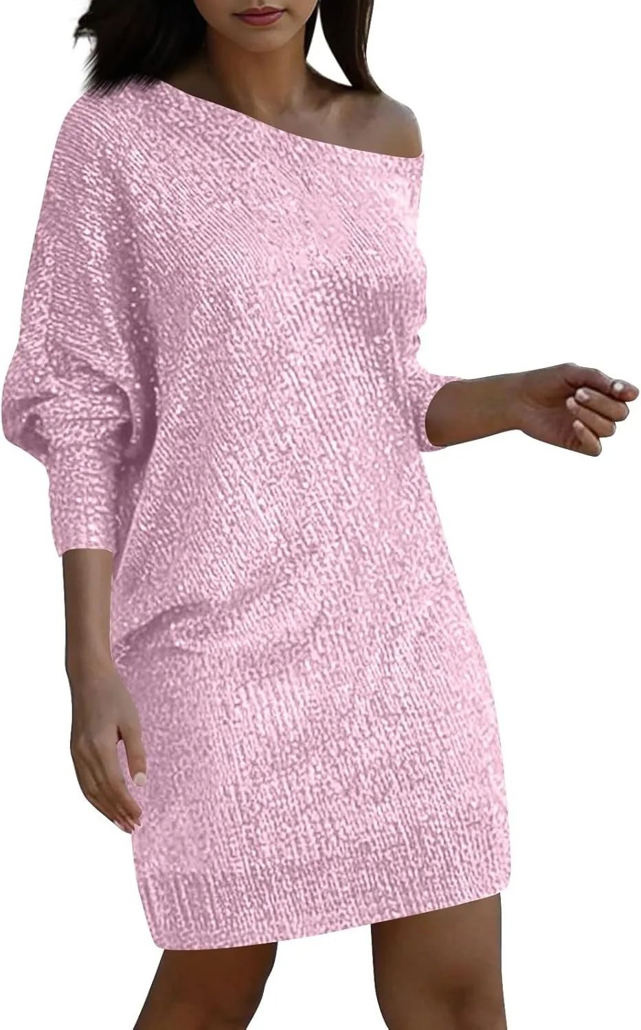 Sparkly Dresses for Women Women's Fashion Dresses Slant Shoulder Long Sleeve Dresses Solid Color Sexy Dresses