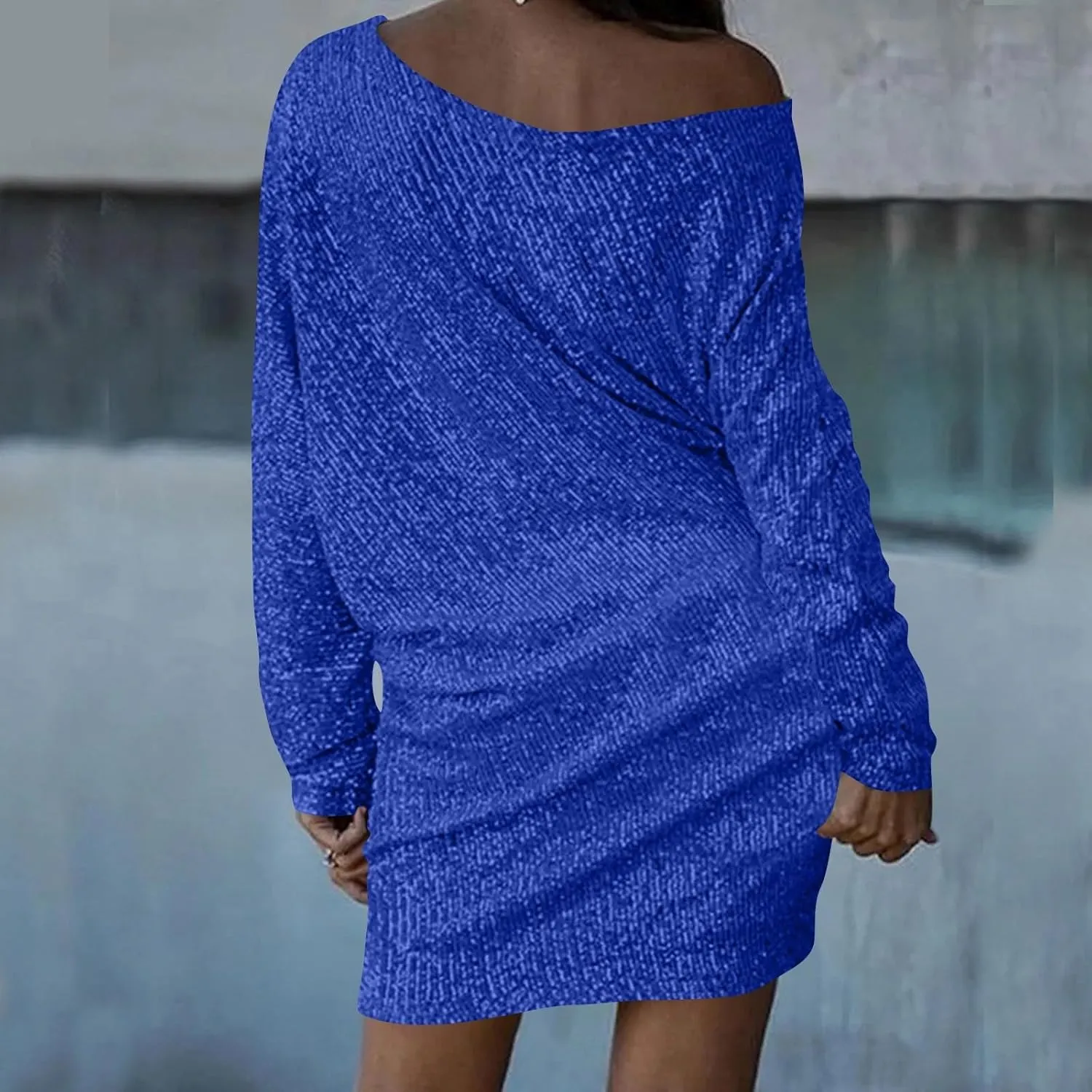 Sparkly Dresses for Women Women's Fashion Dresses Slant Shoulder Long Sleeve Dresses Solid Color Sexy Dresses