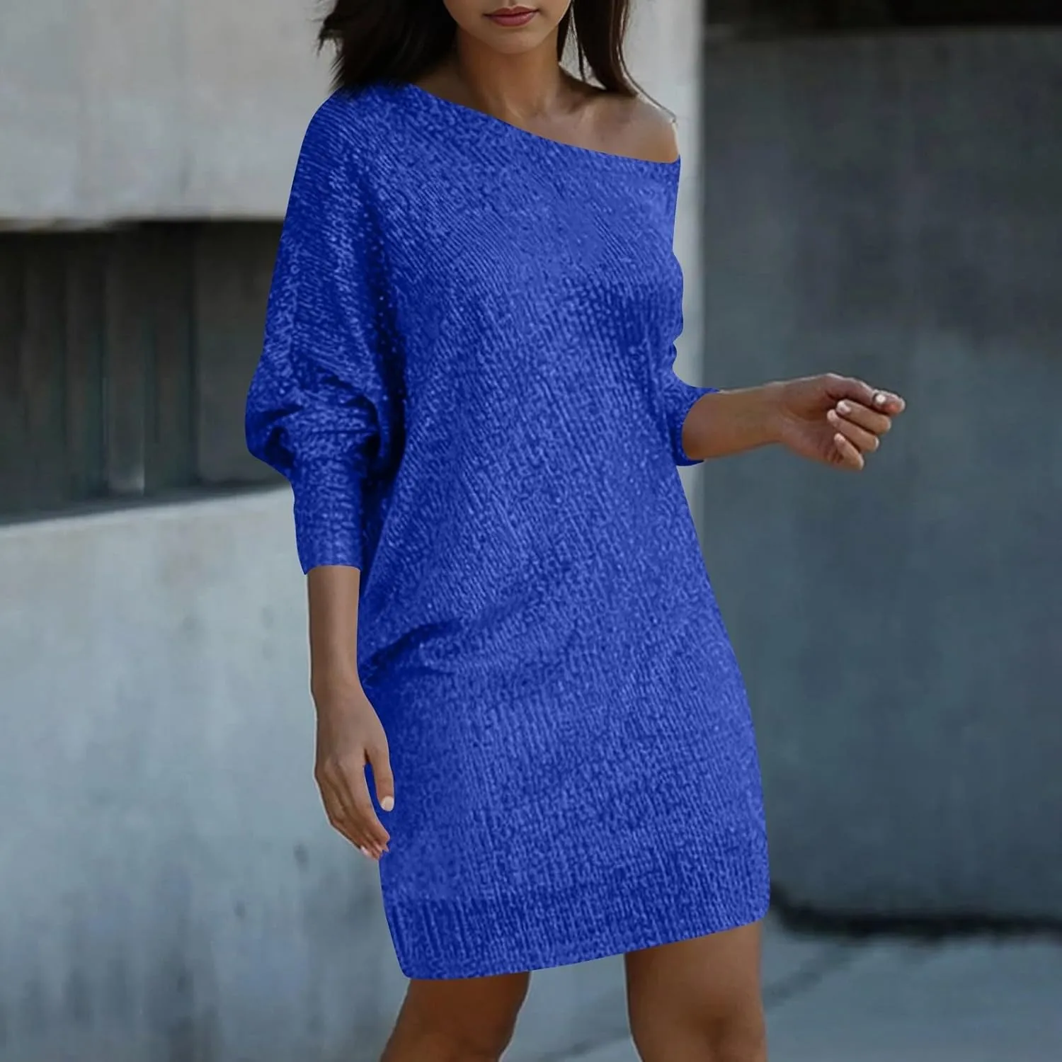 Sparkly Dresses for Women Women's Fashion Dresses Slant Shoulder Long Sleeve Dresses Solid Color Sexy Dresses