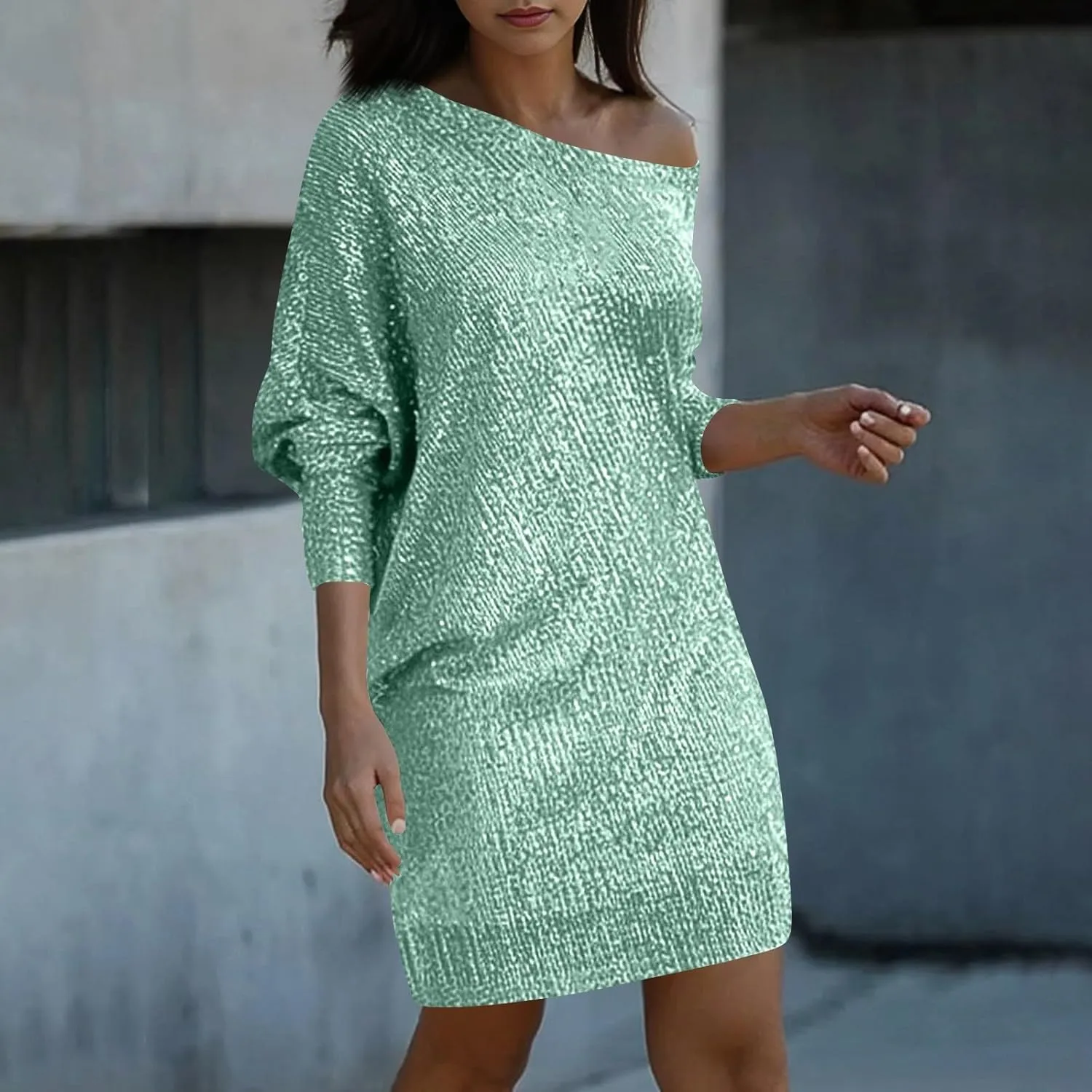 Sparkly Dresses for Women Women's Fashion Dresses Slant Shoulder Long Sleeve Dresses Solid Color Sexy Dresses
