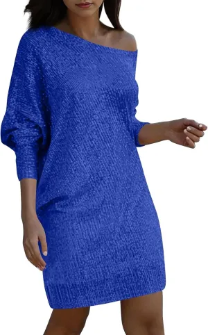 Sparkly Dresses for Women Women's Fashion Dresses Slant Shoulder Long Sleeve Dresses Solid Color Sexy Dresses