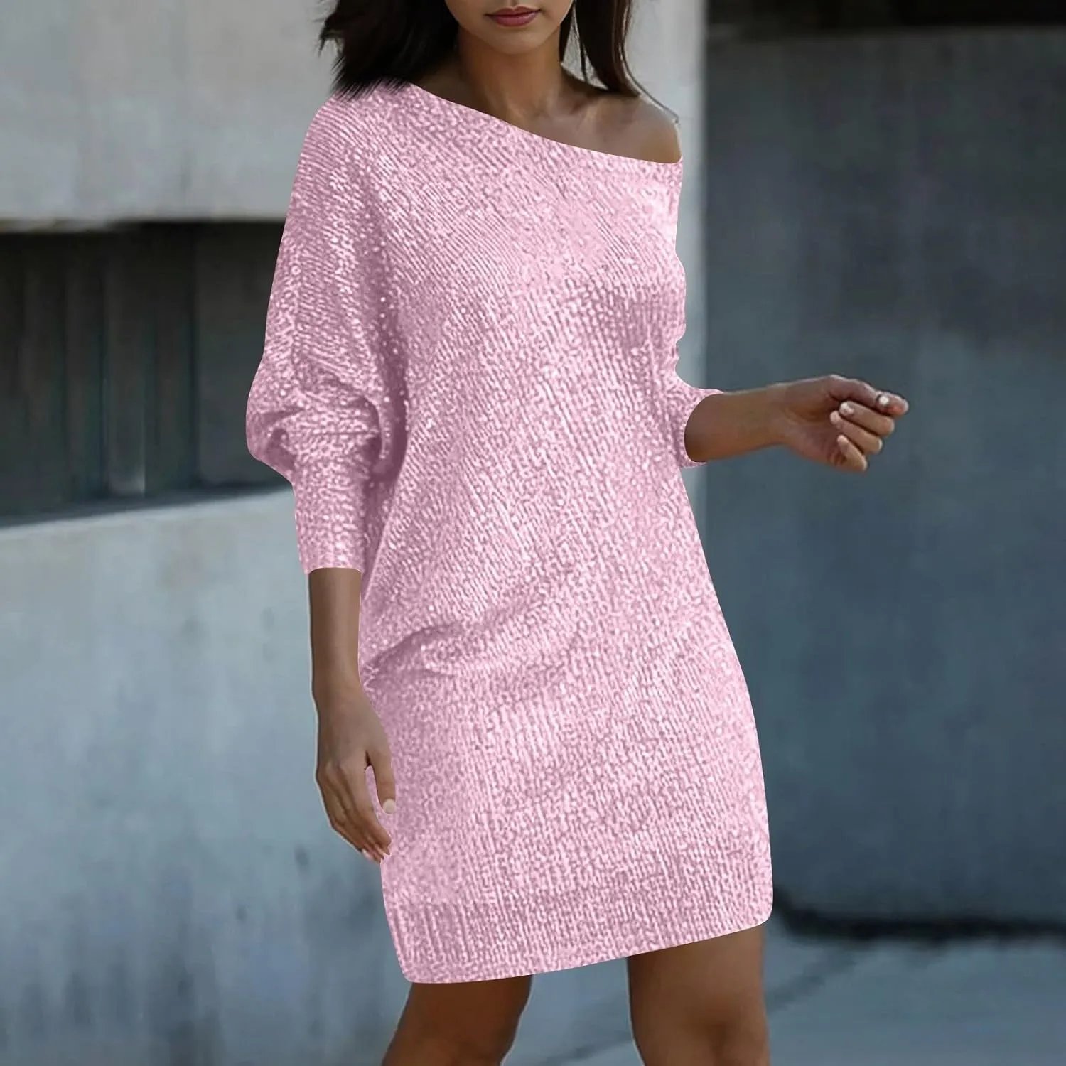 Sparkly Dresses for Women Women's Fashion Dresses Slant Shoulder Long Sleeve Dresses Solid Color Sexy Dresses