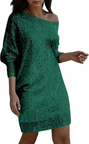 Sparkly Dresses for Women Women's Fashion Dresses Slant Shoulder Long Sleeve Dresses Solid Color Sexy Dresses