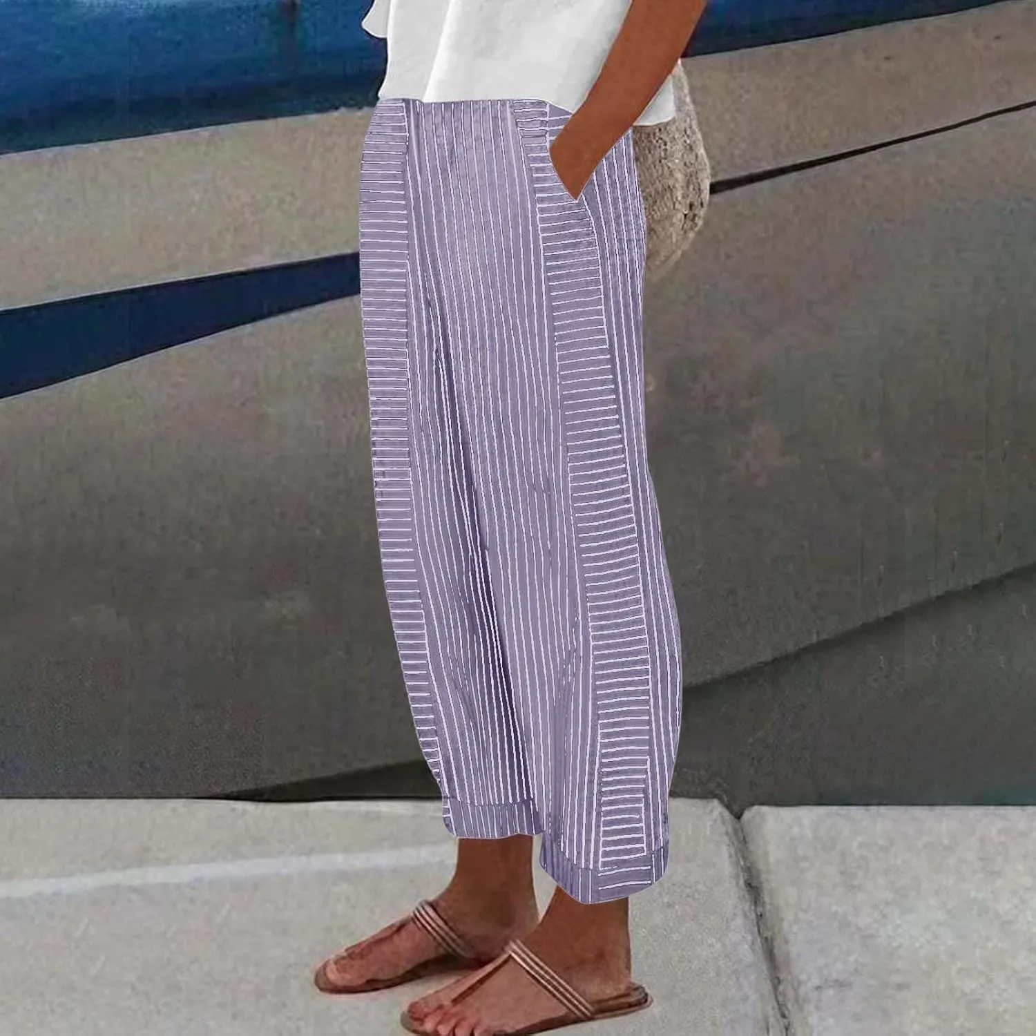 Striped Casual Pants for Women High Waisted Pants Straight Leg Travel Pants Comfy Beach Pants Trousers with Pockets