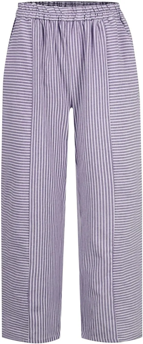 Striped Casual Pants for Women High Waisted Pants Straight Leg Travel Pants Comfy Beach Pants Trousers with Pockets