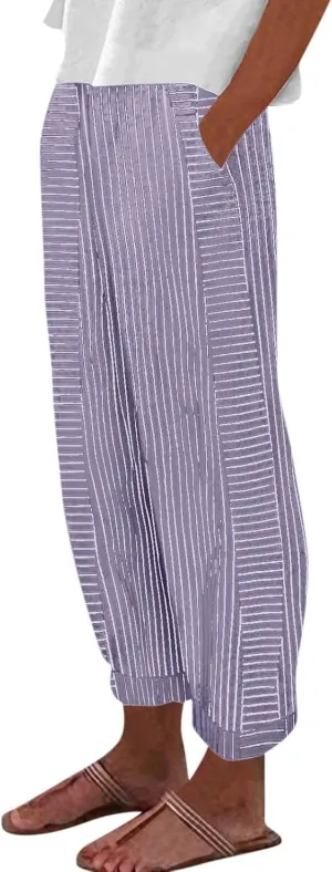 Striped Casual Pants for Women High Waisted Pants Straight Leg Travel Pants Comfy Beach Pants Trousers with Pockets