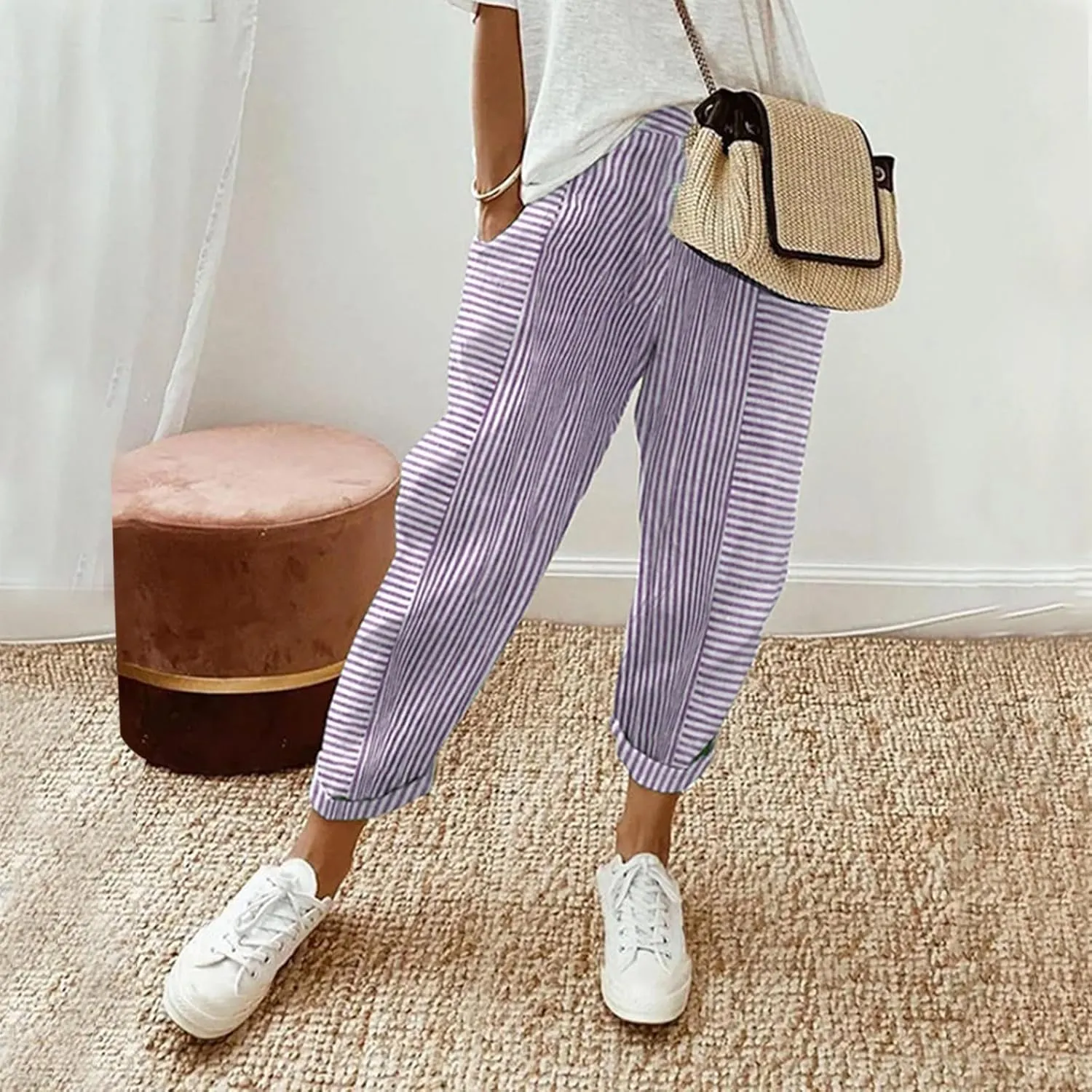 Striped Casual Pants for Women High Waisted Pants Straight Leg Travel Pants Comfy Beach Pants Trousers with Pockets