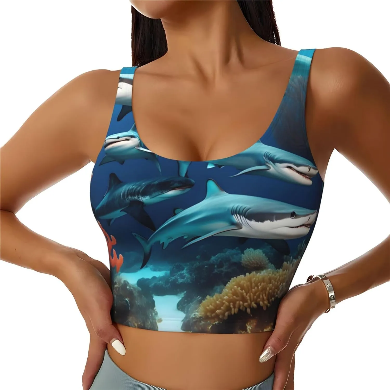 Submarine Shark Coral Women's Sexy Sports Vest Sleeveless Athletic Gym T-Shirts Vest U-Shaped Back Quick Dry Top