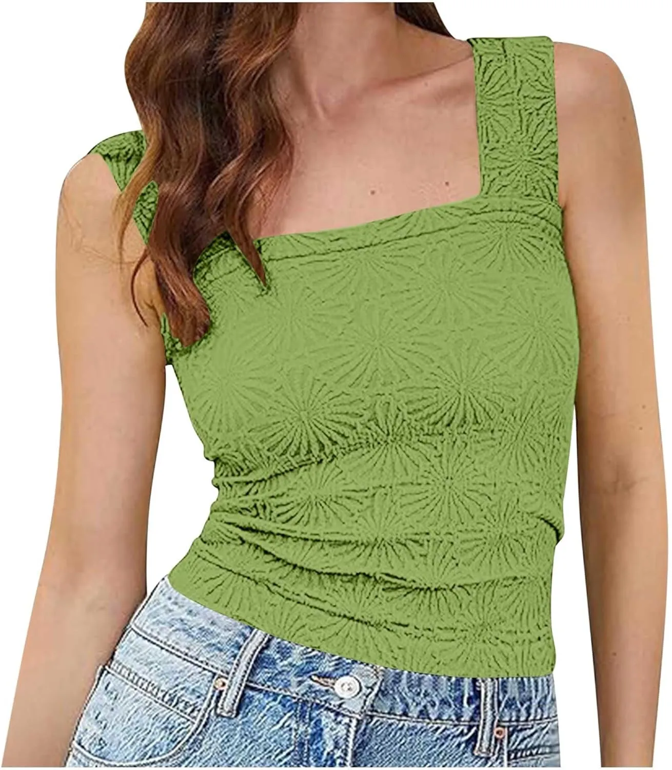 Summer Crop Tops Sexy Square Neck Tank Top Women Cute Floral Going Out Shirts Slim Fit Cropped Cami Blouse