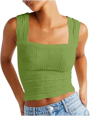 Summer Crop Tops Sexy Square Neck Tank Top Women Cute Floral Going Out Shirts Slim Fit Cropped Cami Blouse