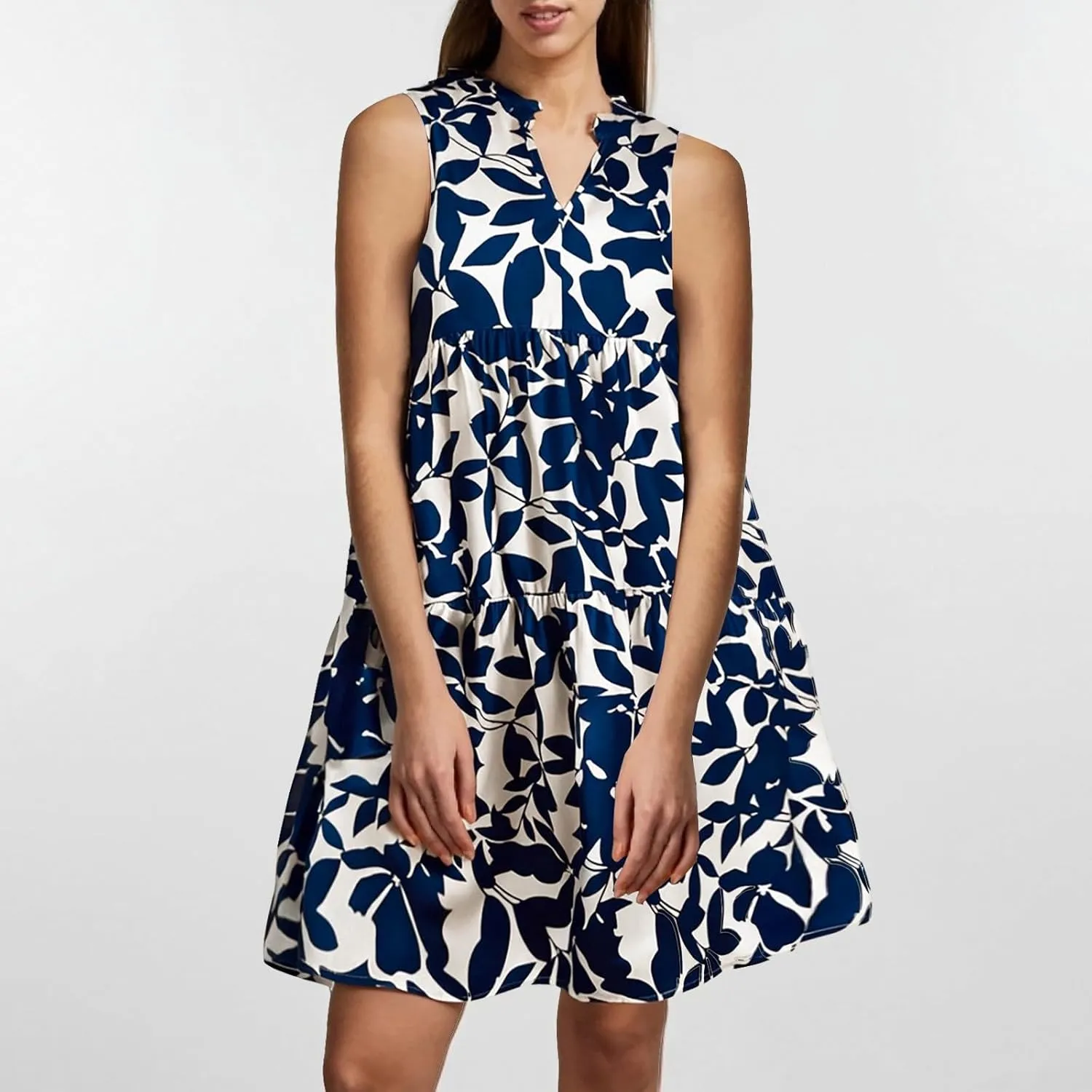 Summer Dress for Women Fashion Floral Print V Neck Loose Flowy Tiered Shirt Mini Dress Boho Pleated Short Sundress