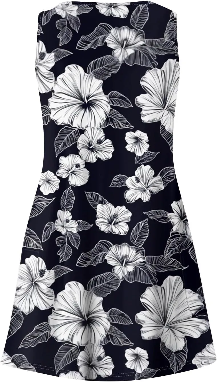 Summer Dresses for Women 2024 Casual Print Bohemian Dresses V Neck Tank Dresses with Pockets Beach Hawaiian Dress