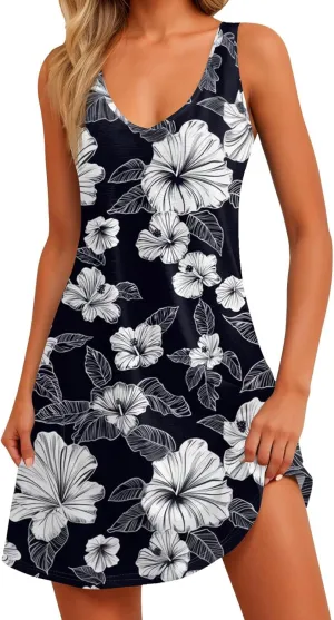 Summer Dresses for Women 2024 Casual Print Bohemian Dresses V Neck Tank Dresses with Pockets Beach Hawaiian Dress