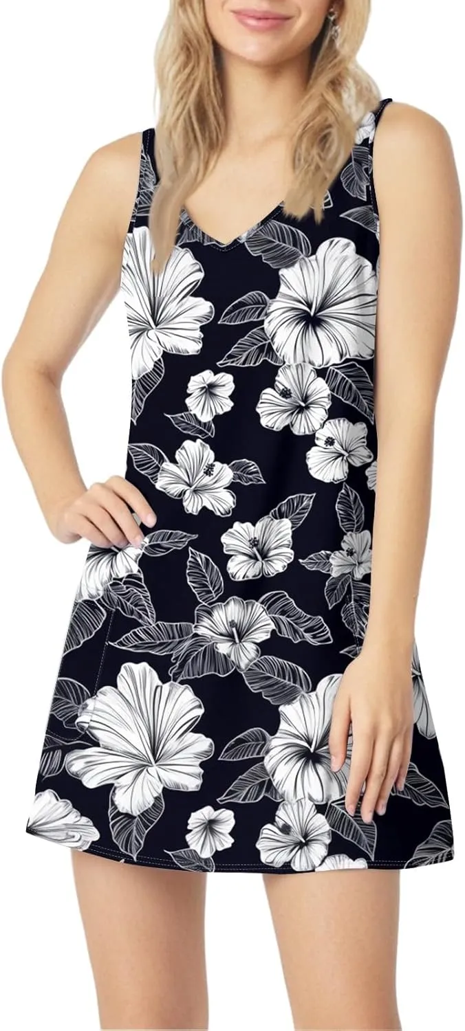 Summer Dresses for Women 2024 Casual Print Bohemian Dresses V Neck Tank Dresses with Pockets Beach Hawaiian Dress
