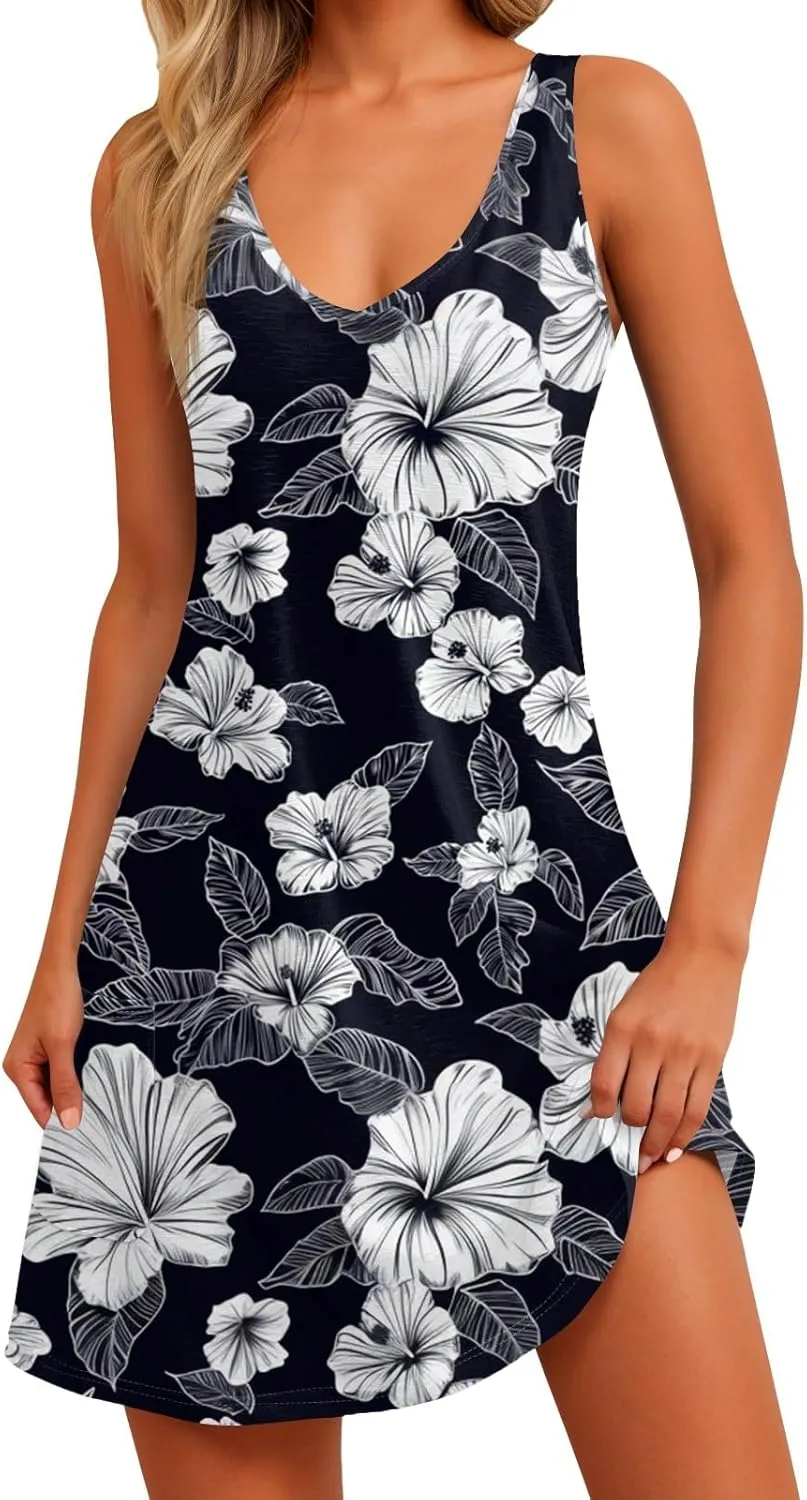 Summer Dresses for Women 2024 Casual Print Bohemian Dresses V Neck Tank Dresses with Pockets Beach Hawaiian Dress
