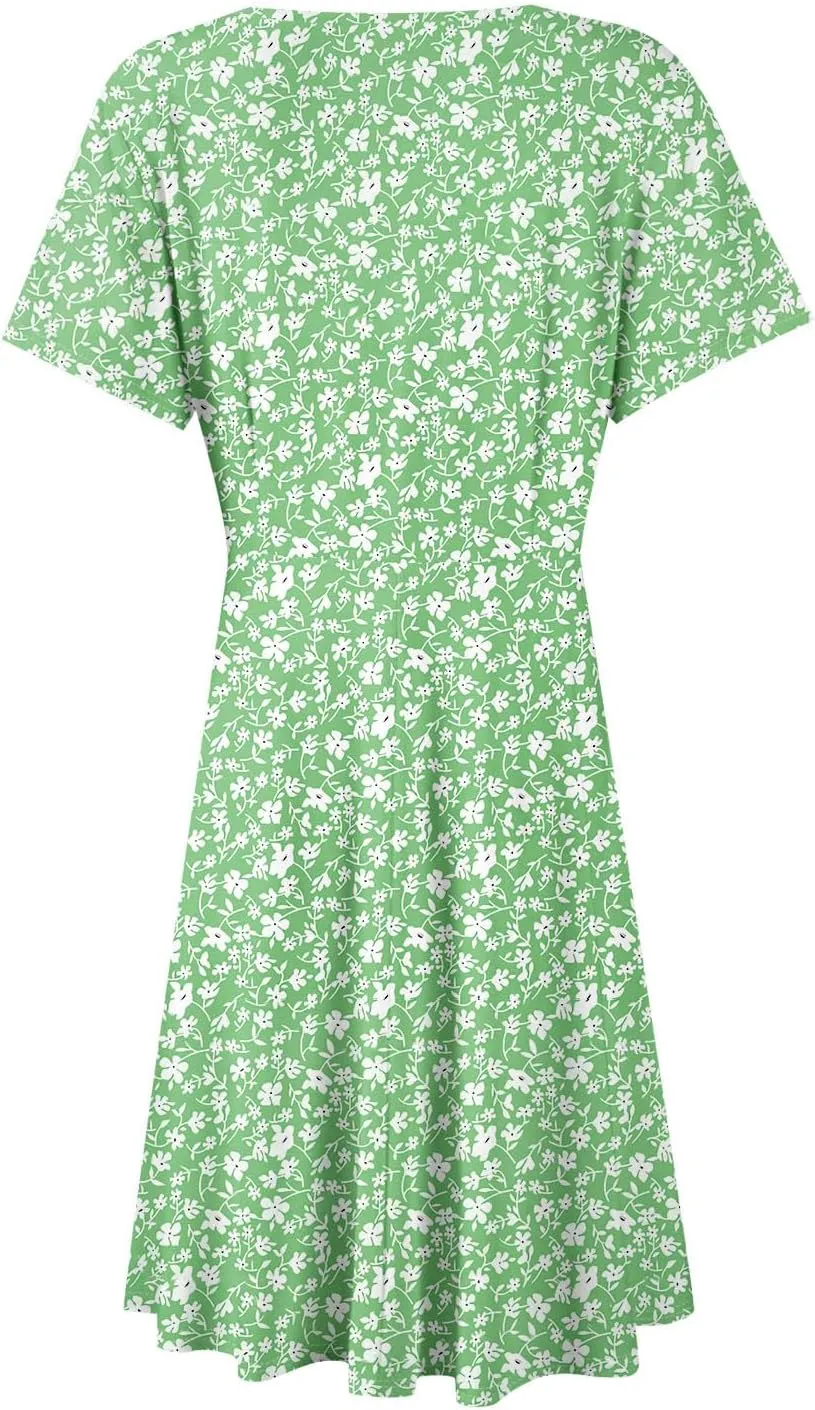 Summer Dresses for Women 2025 Casual Sun Dresses Short Sleeve v Neck Beach Vacation midi Dresses with Pockets