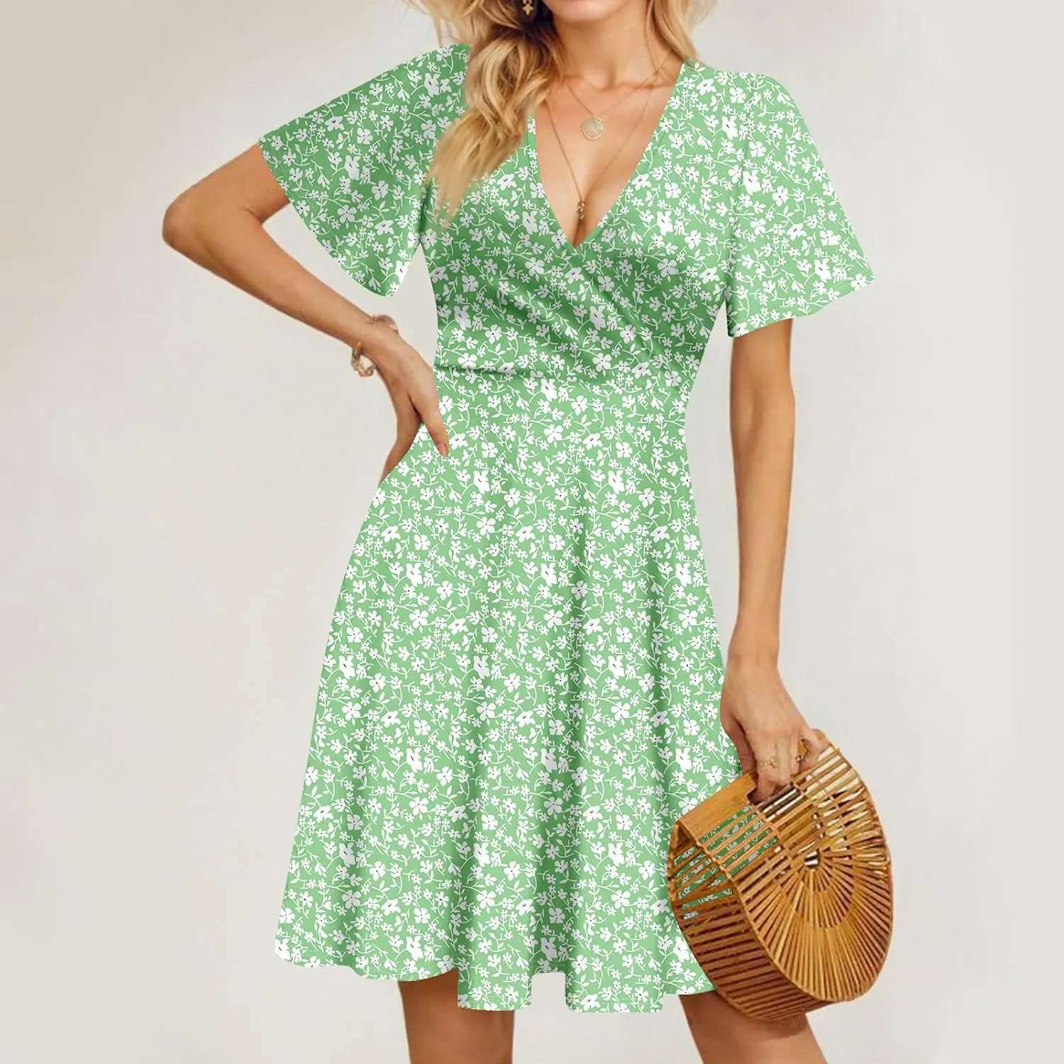 Summer Dresses for Women 2025 Casual Sun Dresses Short Sleeve v Neck Beach Vacation midi Dresses with Pockets