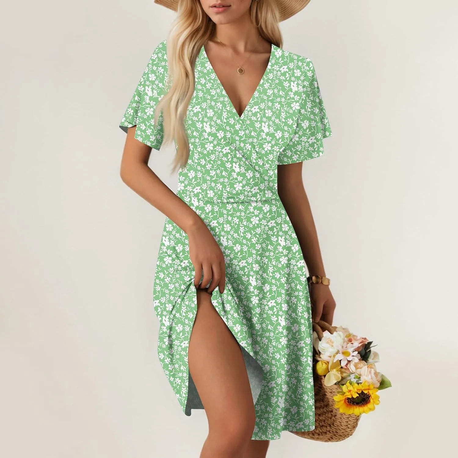 Summer Dresses for Women 2025 Casual Sun Dresses Short Sleeve v Neck Beach Vacation midi Dresses with Pockets