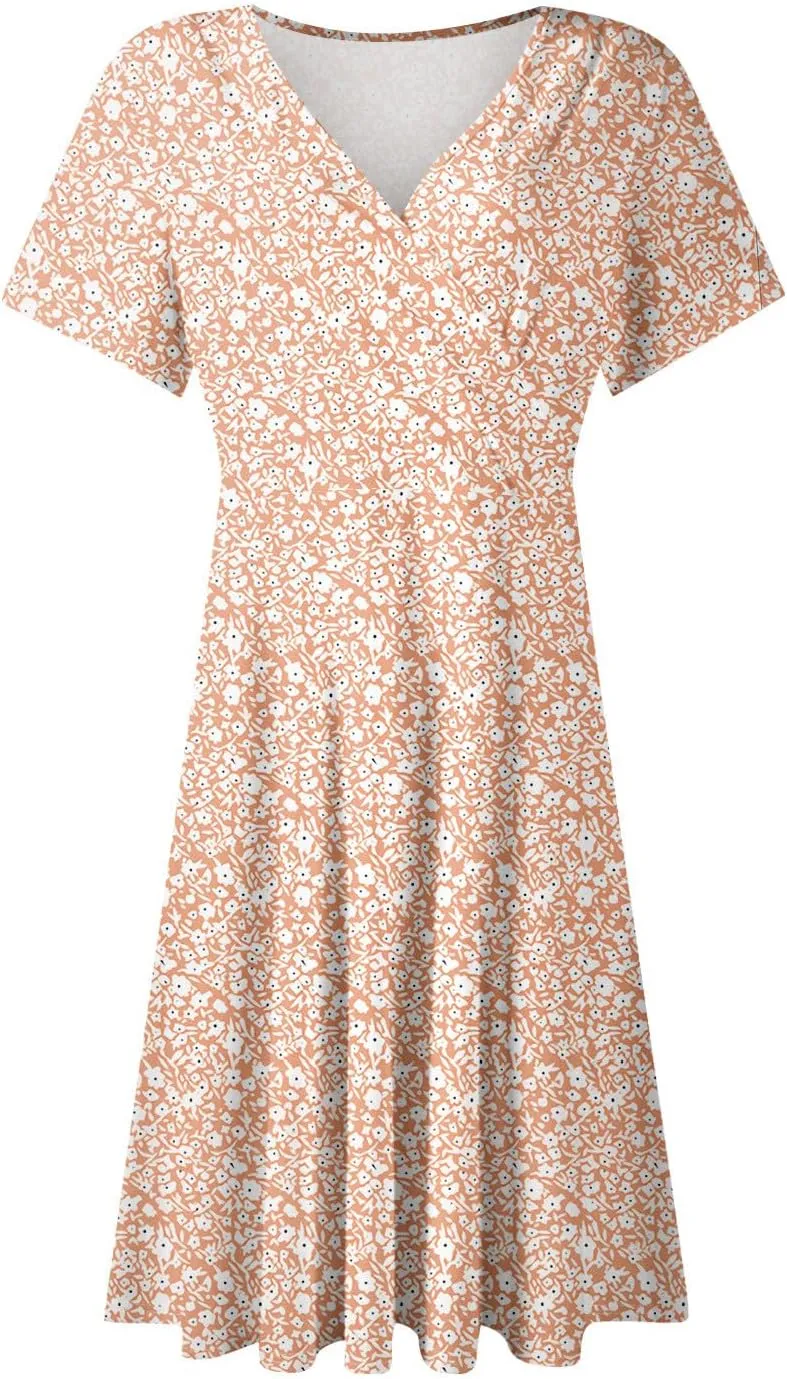 Summer Dresses for Women 2025 Casual Sun Dresses Short Sleeve v Neck Beach Vacation midi Dresses with Pockets