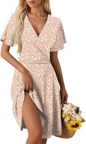 Summer Dresses for Women 2025 Casual Sun Dresses Short Sleeve v Neck Beach Vacation midi Dresses with Pockets