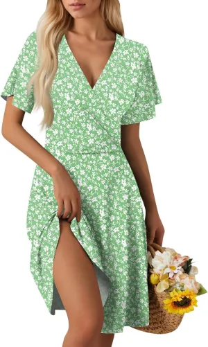 Summer Dresses for Women 2025 Casual Sun Dresses Short Sleeve v Neck Beach Vacation midi Dresses with Pockets