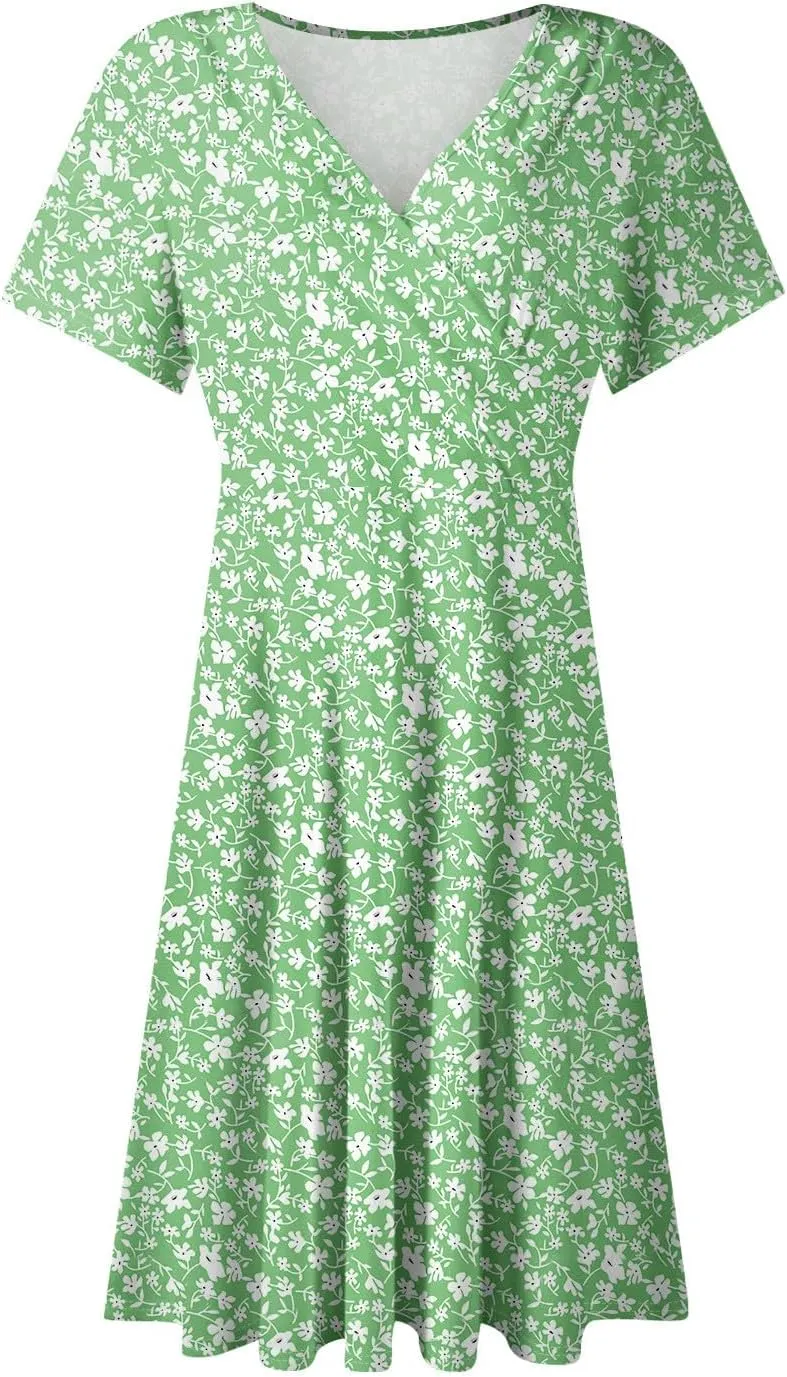 Summer Dresses for Women 2025 Casual Sun Dresses Short Sleeve v Neck Beach Vacation midi Dresses with Pockets