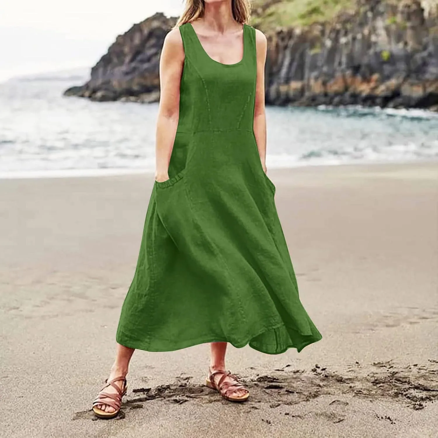 Summer Dresses for Women 2025 Casual Tank Dress Midi Sundress Sleeveless Party Beach Maxi Long Dress with Pockets