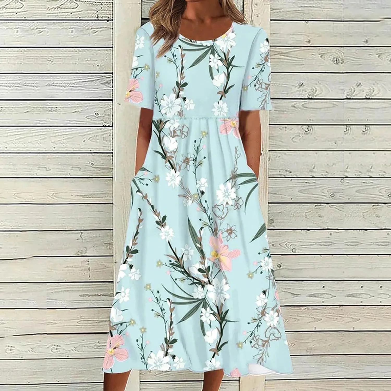 Summer Dresses for Women 2025 Floral Dress Midi Dresses Casual Spring Dresses Pleated Tshirts Dress with Pocket Dress