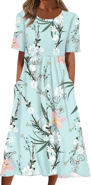 Summer Dresses for Women 2025 Floral Dress Midi Dresses Casual Spring Dresses Pleated Tshirts Dress with Pocket Dress