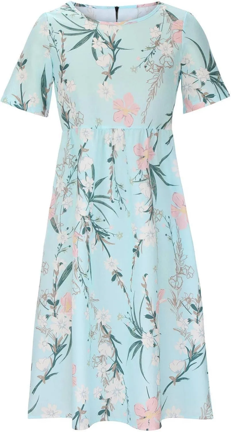 Summer Dresses for Women 2025 Floral Dress Midi Dresses Casual Spring Dresses Pleated Tshirts Dress with Pocket Dress