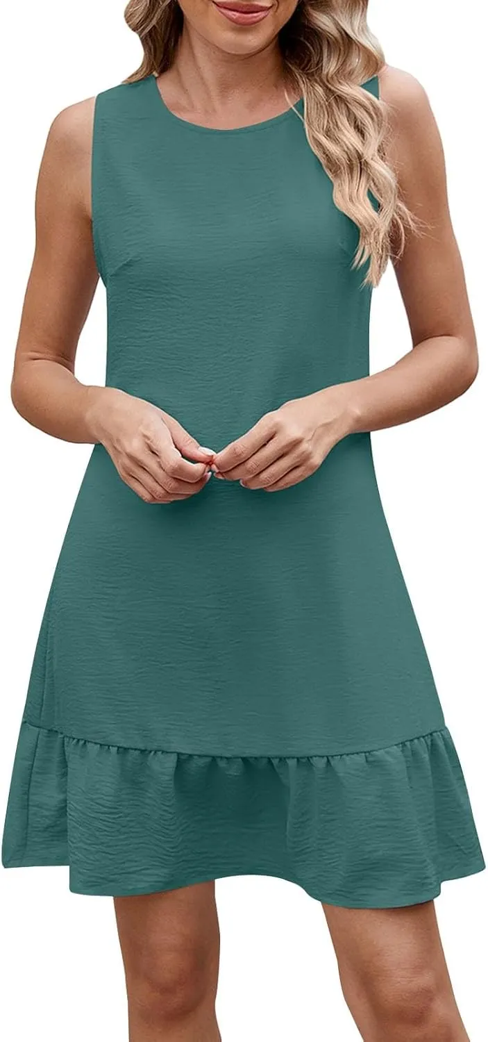 Summer Dresses for Women Sleeveless Crew Neck Sundresses Casual Beach Mini Dress Loose Fit Ruffle Hem Sun Dress