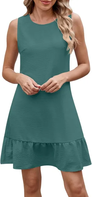 Summer Dresses for Women Sleeveless Crew Neck Sundresses Casual Beach Mini Dress Loose Fit Ruffle Hem Sun Dress
